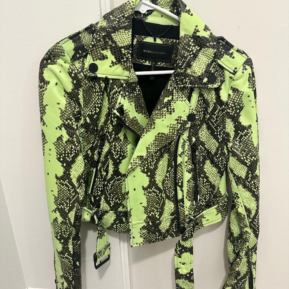 BCBGMaxAzria Neon Green Snake Print Leather Jacket